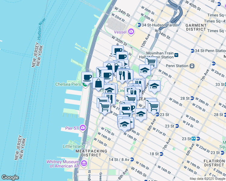 map of restaurants, bars, coffee shops, grocery stores, and more near High Line in New York