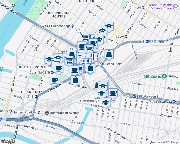 map of restaurants, bars, coffee shops, grocery stores, and more near 27-48 Jackson Avenue in Queens