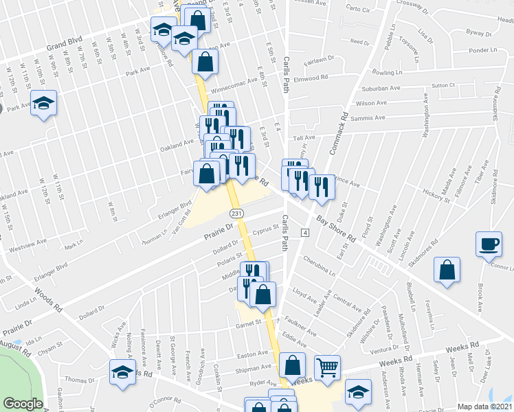 map of restaurants, bars, coffee shops, grocery stores, and more near 53 Jacqueline Way in North Babylon