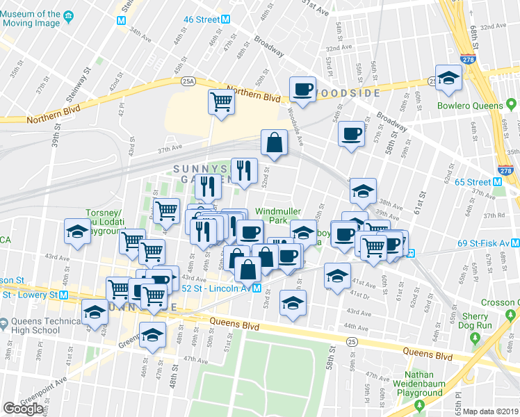 map of restaurants, bars, coffee shops, grocery stores, and more near 39-30 52nd Street in Queens