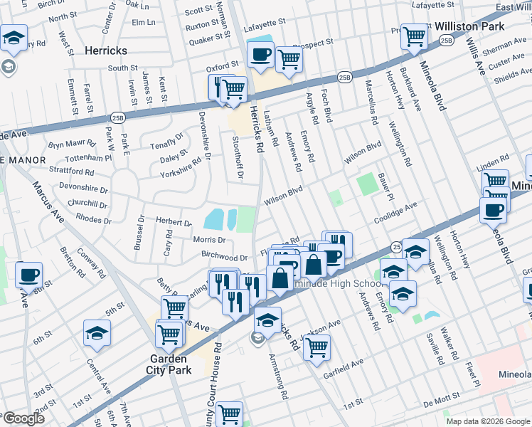 map of restaurants, bars, coffee shops, grocery stores, and more near 5 Nancy Road in Mineola