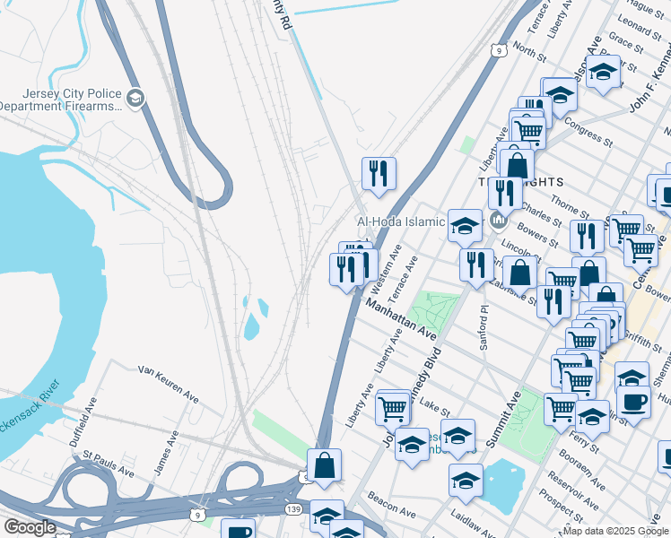 map of restaurants, bars, coffee shops, grocery stores, and more near 300 County Road in Jersey City