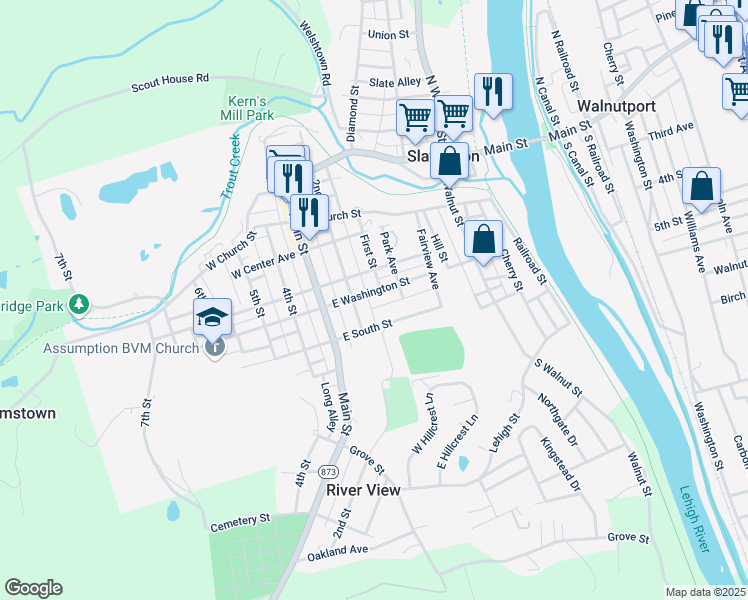 map of restaurants, bars, coffee shops, grocery stores, and more near 112 East South Street in Slatington