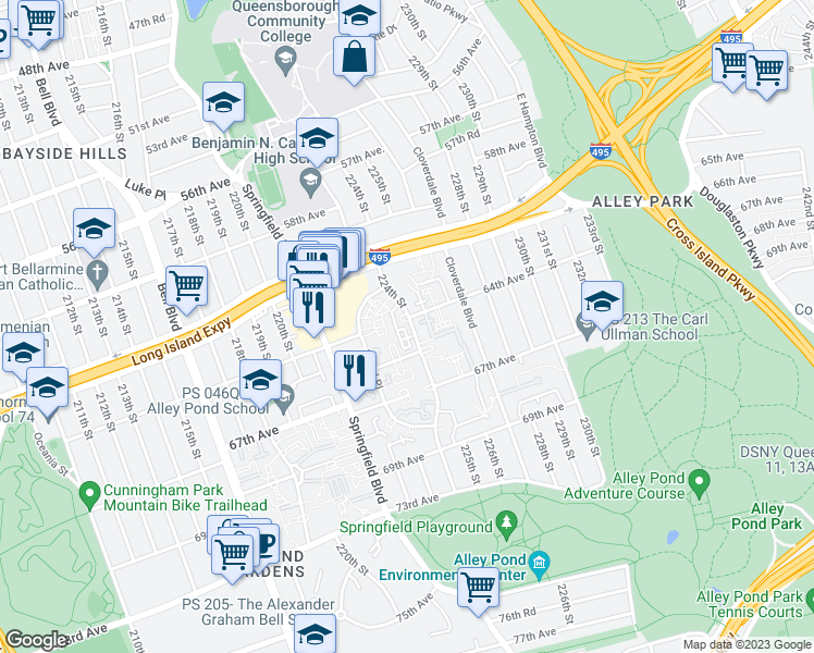map of restaurants, bars, coffee shops, grocery stores, and more near 64-26 224th Street in Queens