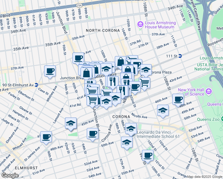 map of restaurants, bars, coffee shops, grocery stores, and more near 99th Street in Queens