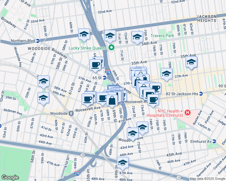 map of restaurants, bars, coffee shops, grocery stores, and more near in Queens
