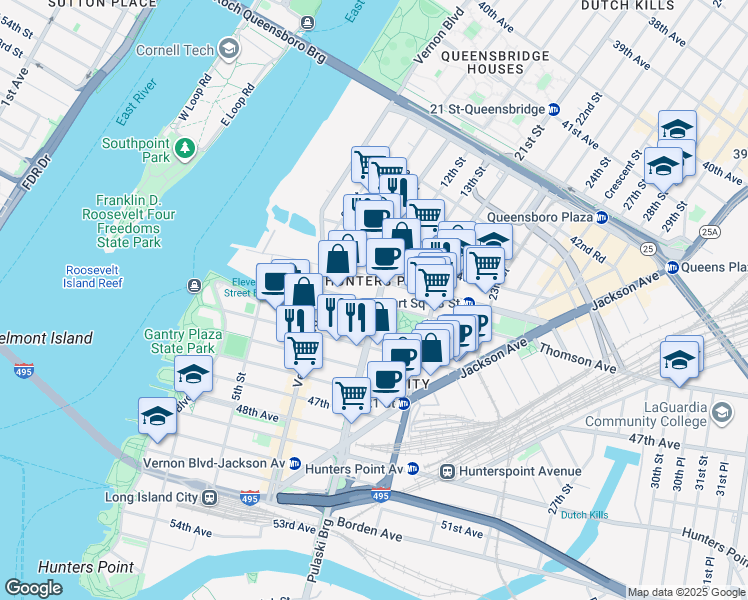 map of restaurants, bars, coffee shops, grocery stores, and more near 44-72 11th Street in Queens