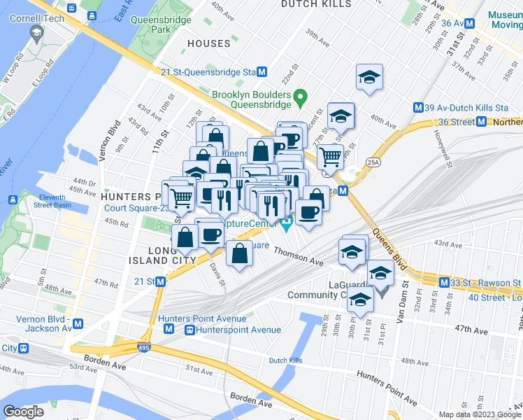 map of restaurants, bars, coffee shops, grocery stores, and more near 25-25 44th Drive in Queens