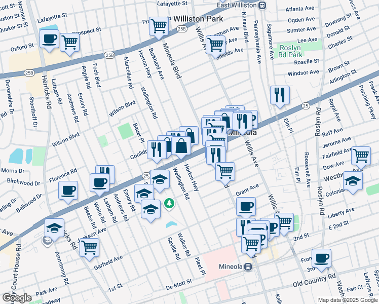 map of restaurants, bars, coffee shops, grocery stores, and more near 235 Jericho Turnpike in Mineola