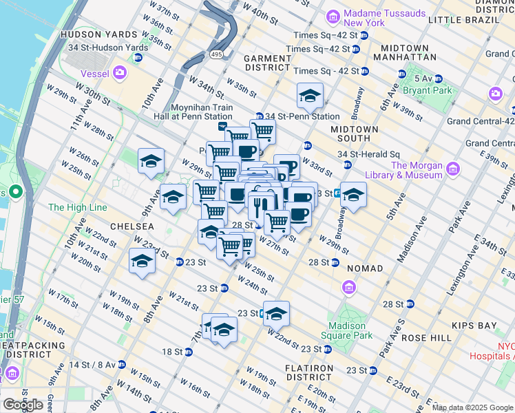 map of restaurants, bars, coffee shops, grocery stores, and more near 214 West 29th Street in New York