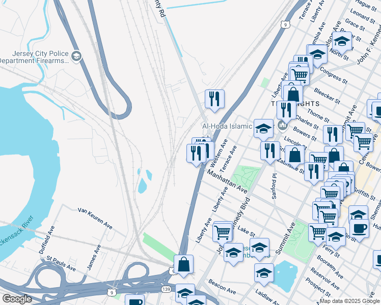 map of restaurants, bars, coffee shops, grocery stores, and more near 720 County Road in Jersey City