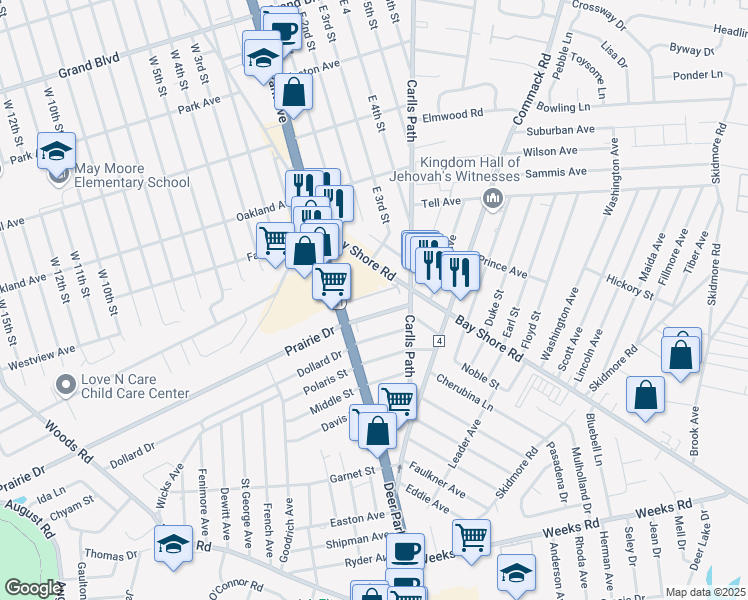 map of restaurants, bars, coffee shops, grocery stores, and more near 57 Jacqueline Way in North Babylon