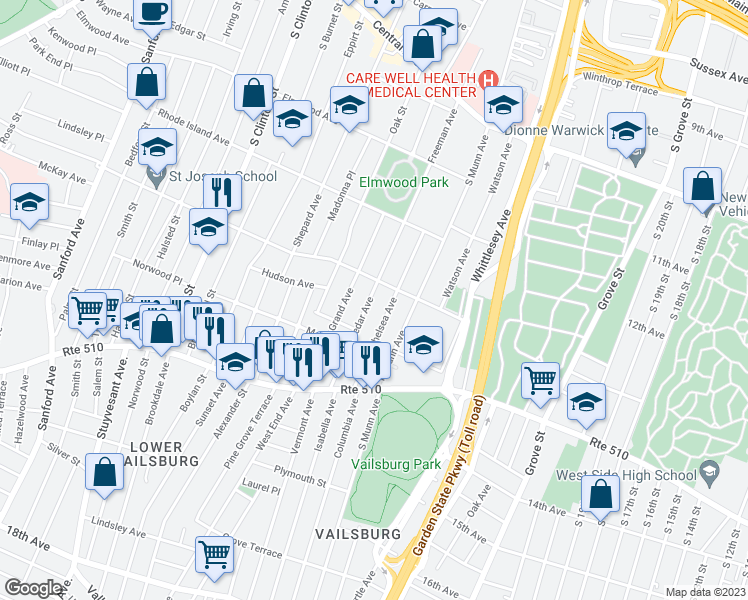 map of restaurants, bars, coffee shops, grocery stores, and more near 92 Cedar Avenue in Newark