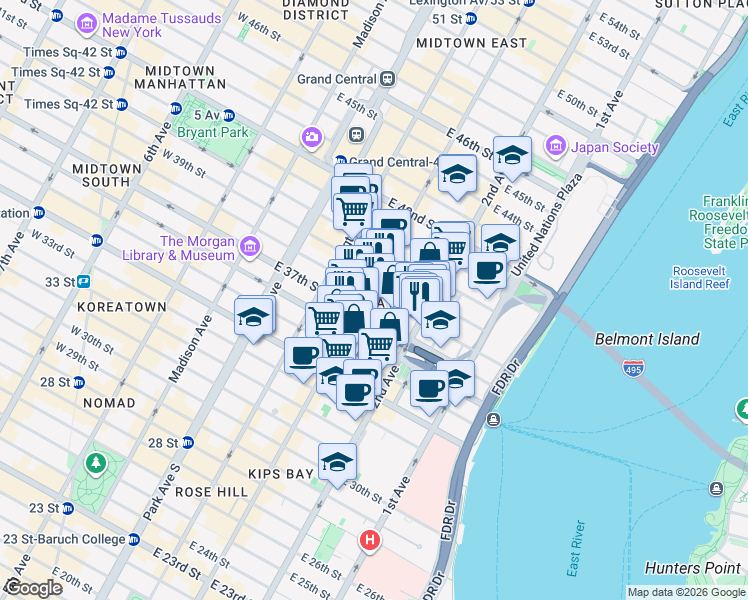 map of restaurants, bars, coffee shops, grocery stores, and more near in New York