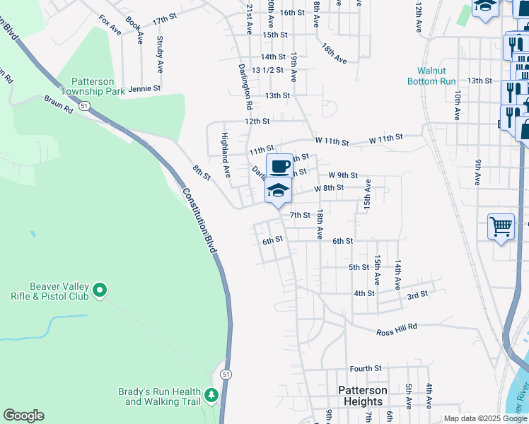map of restaurants, bars, coffee shops, grocery stores, and more near 701 Darlington Road in Beaver Falls