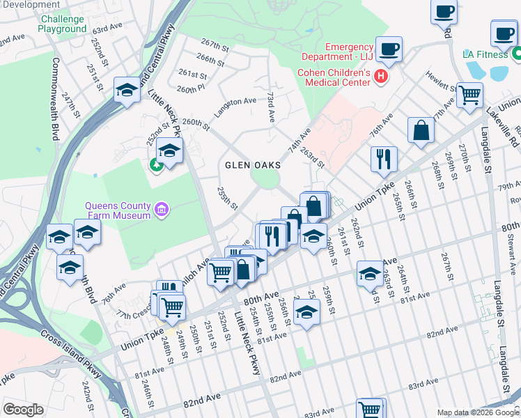 map of restaurants, bars, coffee shops, grocery stores, and more near Glen Oaks Village Private Property in Queens