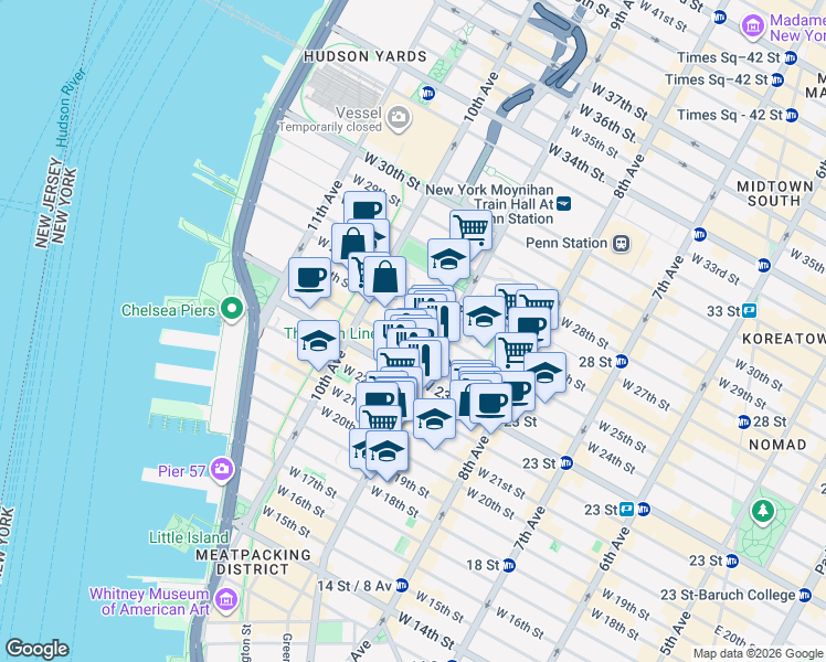 map of restaurants, bars, coffee shops, grocery stores, and more near 233 9th Avenue in New York