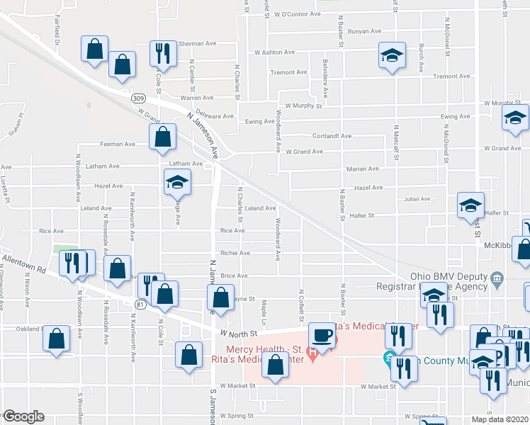 map of restaurants, bars, coffee shops, grocery stores, and more near 919 Leland Avenue in Lima