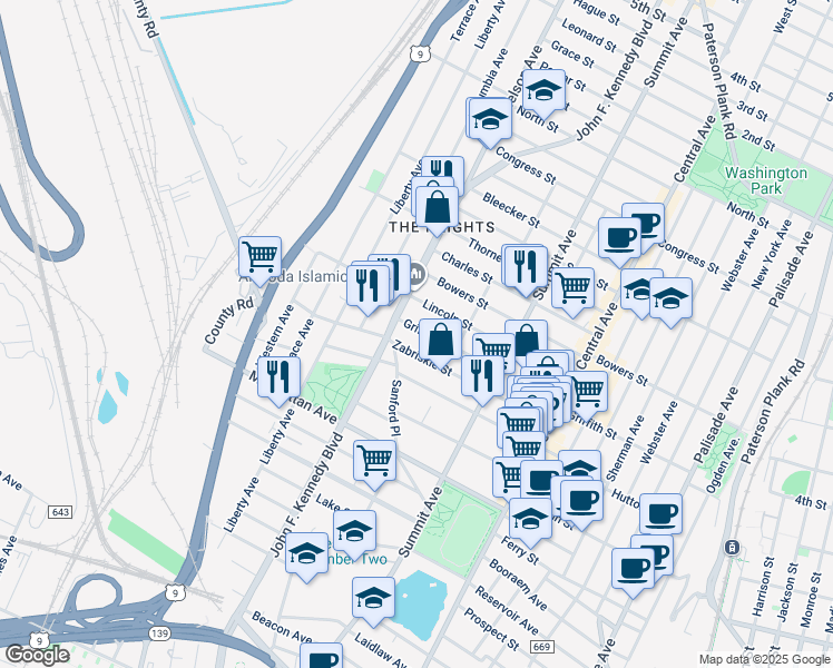 map of restaurants, bars, coffee shops, grocery stores, and more near 124 Zabriskie Street in Jersey City