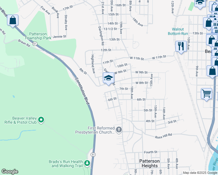 map of restaurants, bars, coffee shops, grocery stores, and more near 701 Darlington Road in Beaver Falls