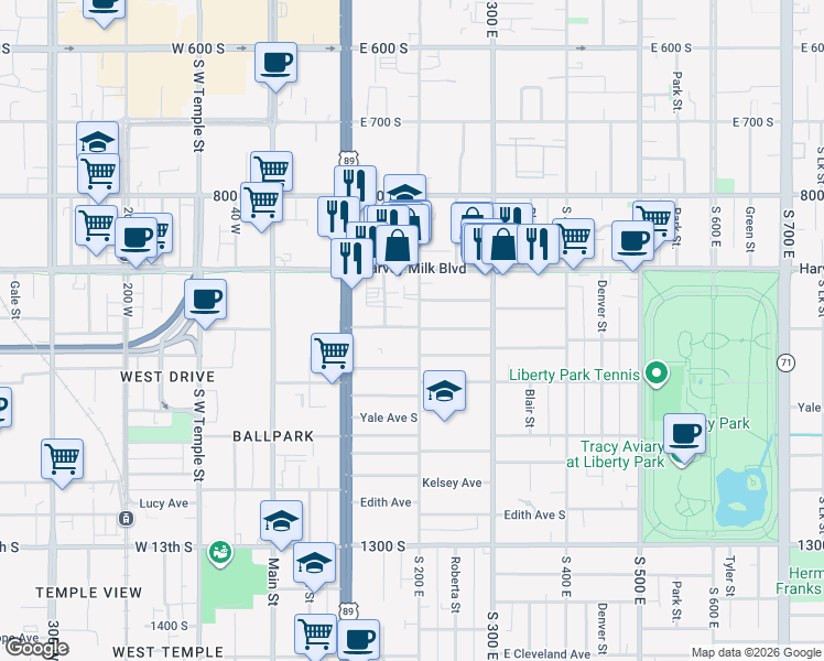 map of restaurants, bars, coffee shops, grocery stores, and more near 190 East Belmont Avenue in Salt Lake City