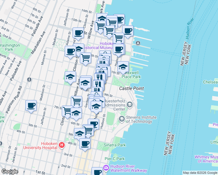 map of restaurants, bars, coffee shops, grocery stores, and more near 913 Hudson Street in Hoboken