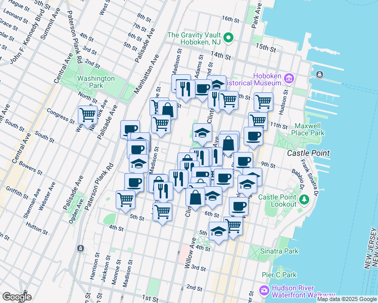 map of restaurants, bars, coffee shops, grocery stores, and more near 812 Grand Street in Hoboken