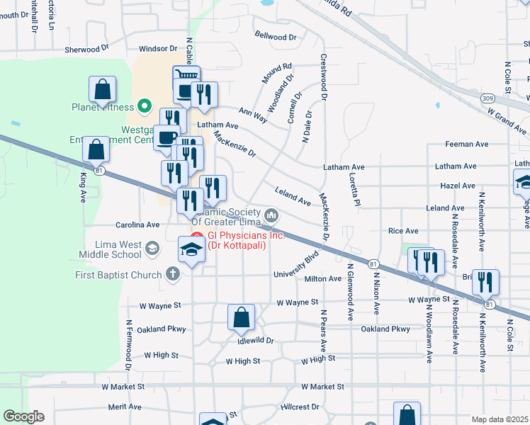 map of restaurants, bars, coffee shops, grocery stores, and more near 1800 Allentown Road in Lima