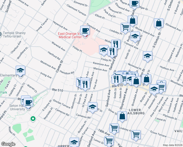 map of restaurants, bars, coffee shops, grocery stores, and more near 53 Monticello Avenue in Newark