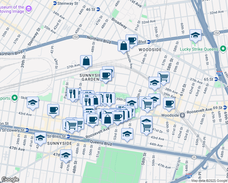 map of restaurants, bars, coffee shops, grocery stores, and more near 39-65 52nd Street in Queens