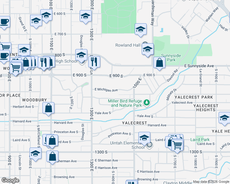 map of restaurants, bars, coffee shops, grocery stores, and more near 1406 East Michigan Avenue in Salt Lake City