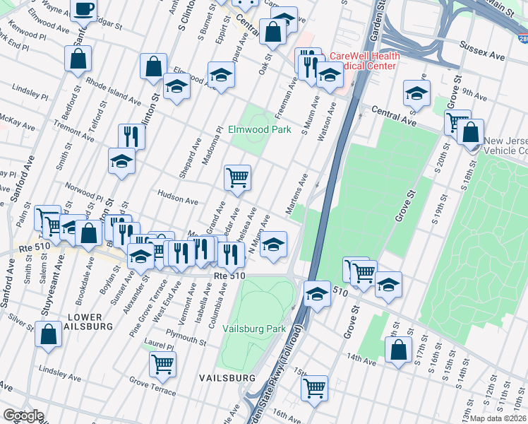 map of restaurants, bars, coffee shops, grocery stores, and more near 71 North Munn Avenue in Newark