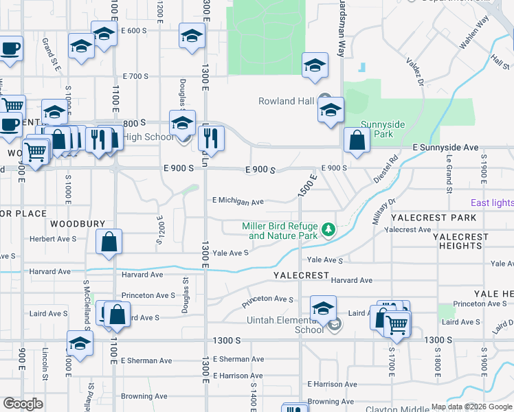 map of restaurants, bars, coffee shops, grocery stores, and more near 1406 East Michigan Avenue in Salt Lake City