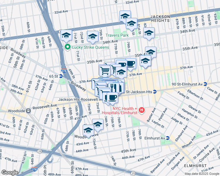 map of restaurants, bars, coffee shops, grocery stores, and more near 76-01 Roosevelt Avenue in Queens
