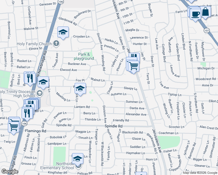 map of restaurants, bars, coffee shops, grocery stores, and more near 23 Cinder Lane in Hicksville