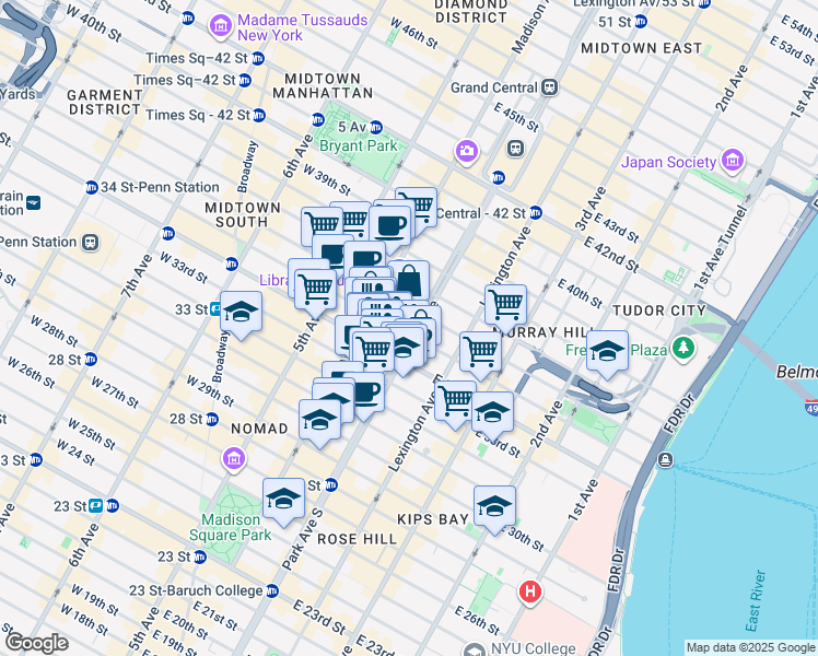 map of restaurants, bars, coffee shops, grocery stores, and more near 10 Park Avenue in New York
