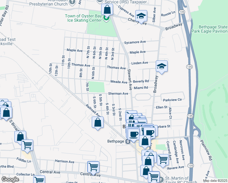map of restaurants, bars, coffee shops, grocery stores, and more near 33 Sherman Avenue in Bethpage