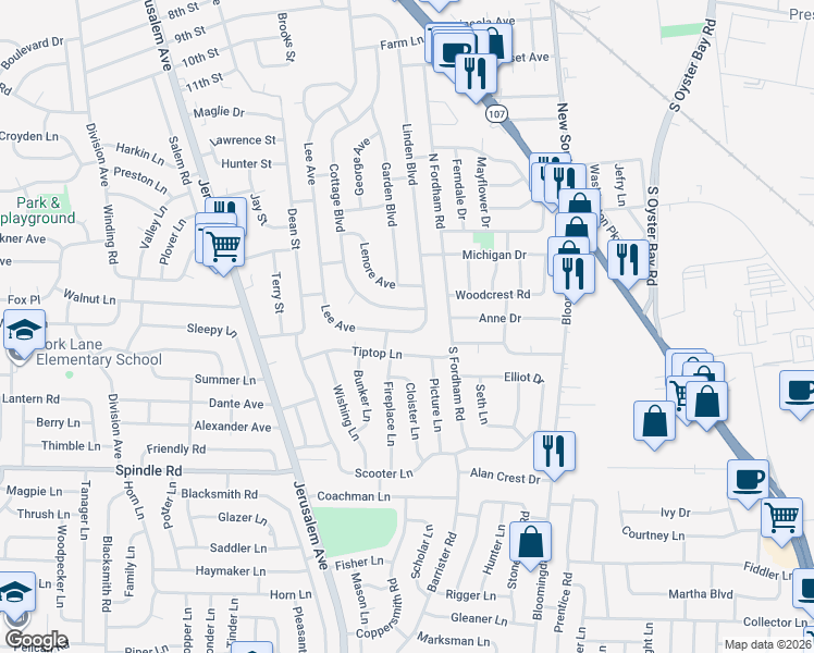 map of restaurants, bars, coffee shops, grocery stores, and more near 51 Tiptop Lane in Hicksville
