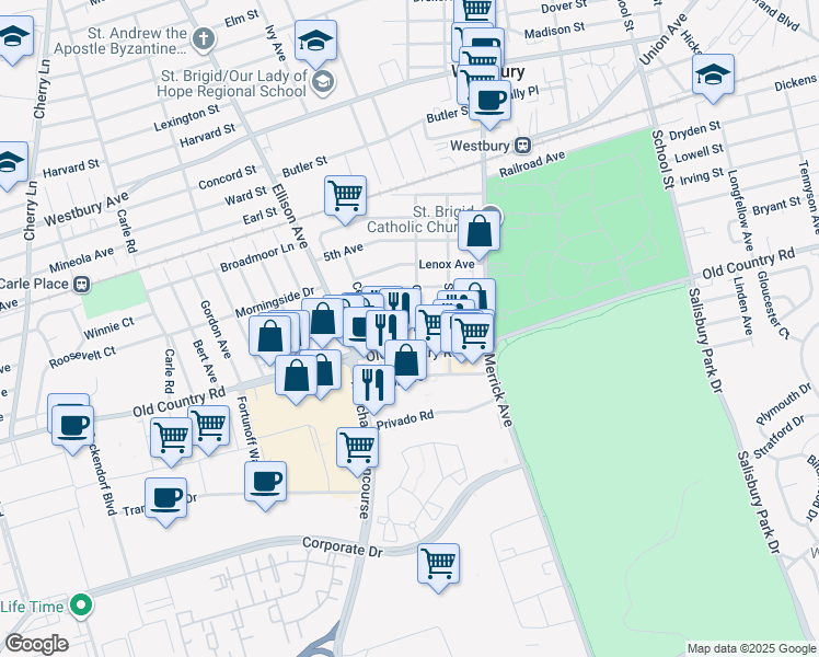 map of restaurants, bars, coffee shops, grocery stores, and more near 41 Old Country Road in Westbury