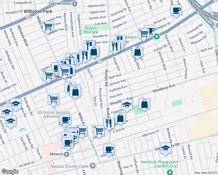 map of restaurants, bars, coffee shops, grocery stores, and more near 187 Roslyn Road in Mineola