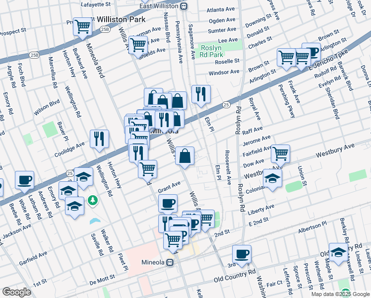 map of restaurants, bars, coffee shops, grocery stores, and more near in Mineola