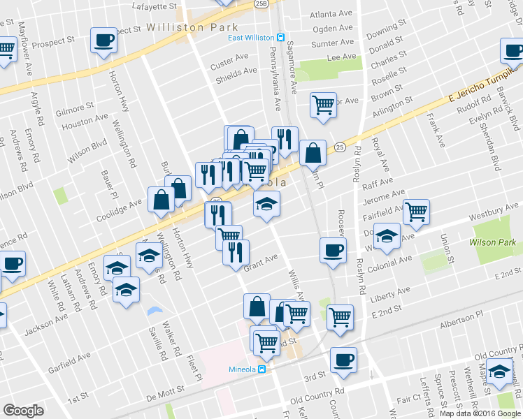 map of restaurants, bars, coffee shops, grocery stores, and more near 157 Jefferson Avenue in Mineola