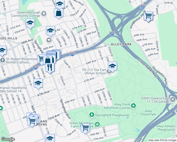 map of restaurants, bars, coffee shops, grocery stores, and more near 64-56 228th Street in Queens