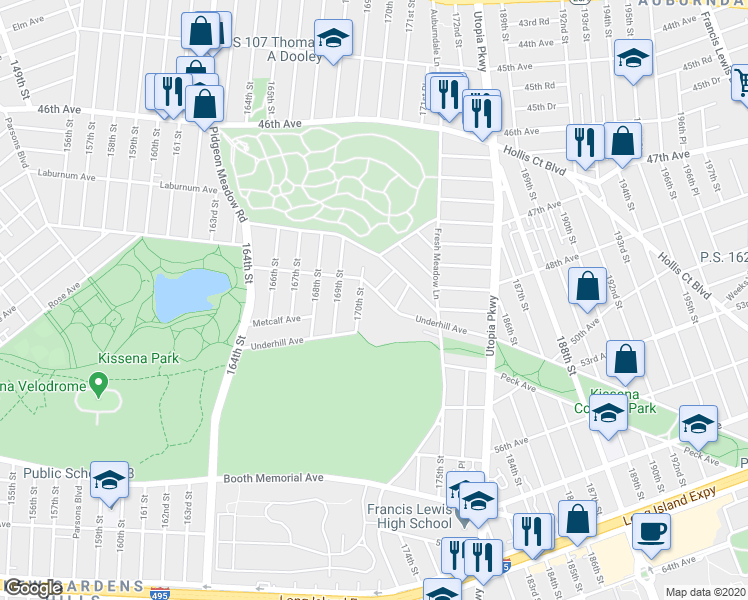 map of restaurants, bars, coffee shops, grocery stores, and more near 170-24 Lithonia Avenue in Queens