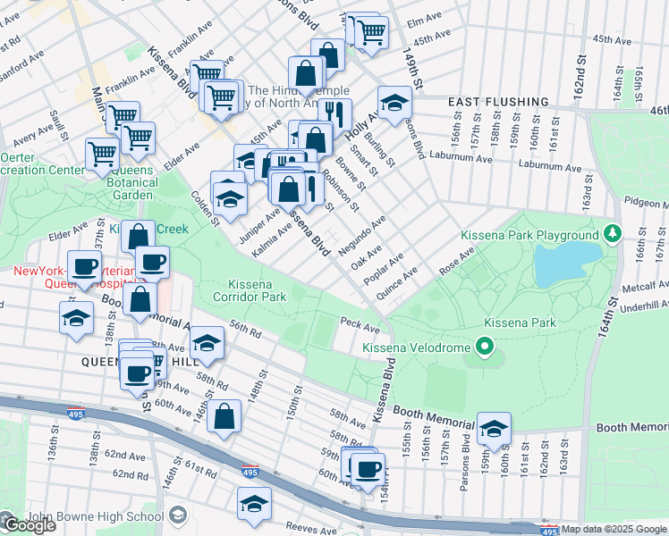 map of restaurants, bars, coffee shops, grocery stores, and more near 137-15 Oak Avenue in Queens