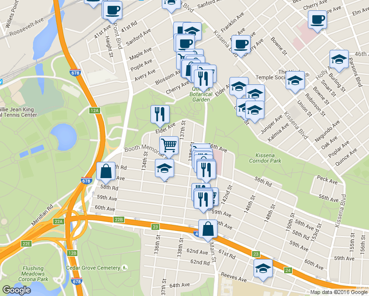 map of restaurants, bars, coffee shops, grocery stores, and more near 56-29 138th Street in Queens