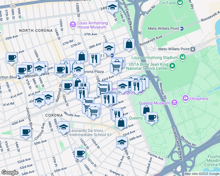 map of restaurants, bars, coffee shops, grocery stores, and more near 108-36 46th Avenue in Queens