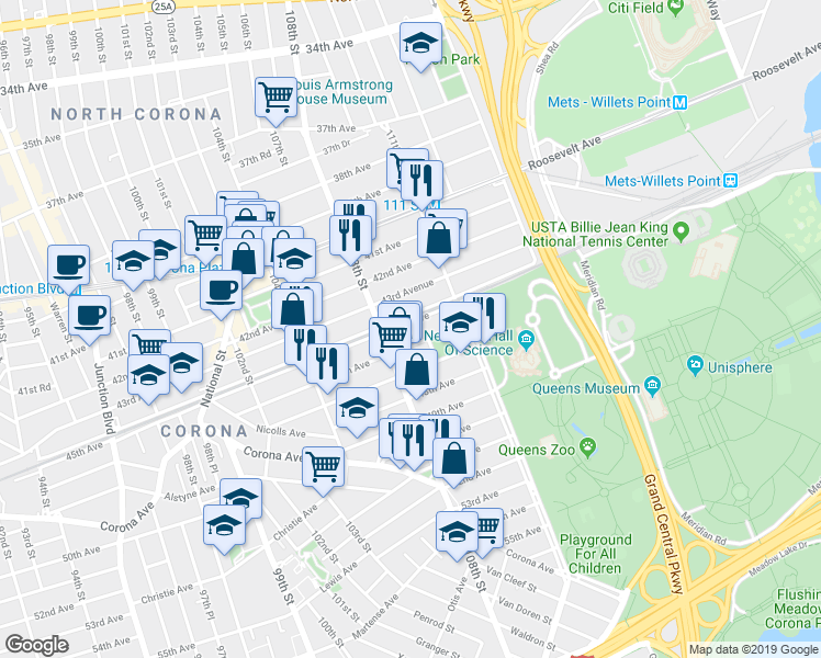 map of restaurants, bars, coffee shops, grocery stores, and more near 108-36 46th Avenue in Queens
