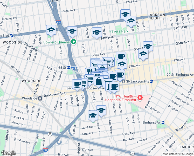 map of restaurants, bars, coffee shops, grocery stores, and more near 74th Street in Queens