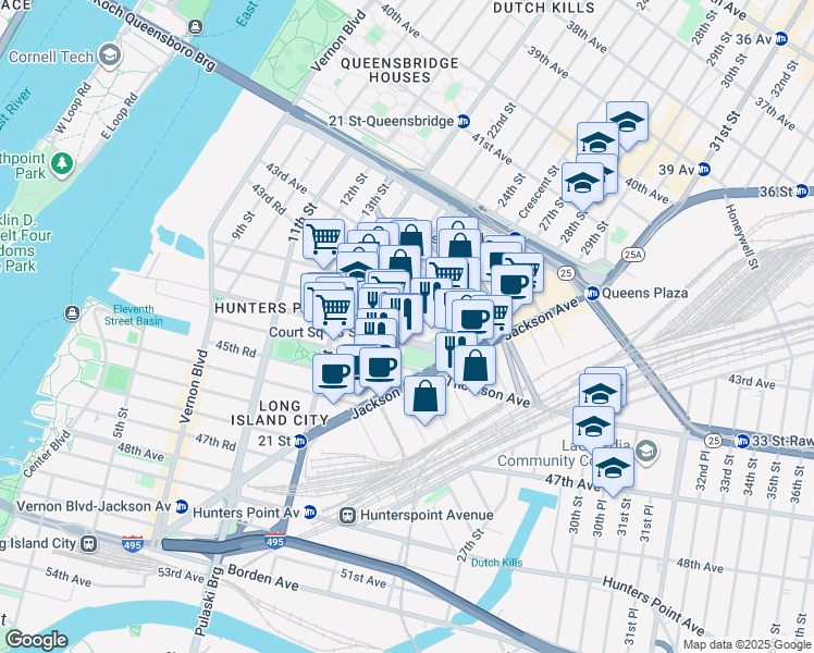 map of restaurants, bars, coffee shops, grocery stores, and more near 23-29 44th Drive in Queens